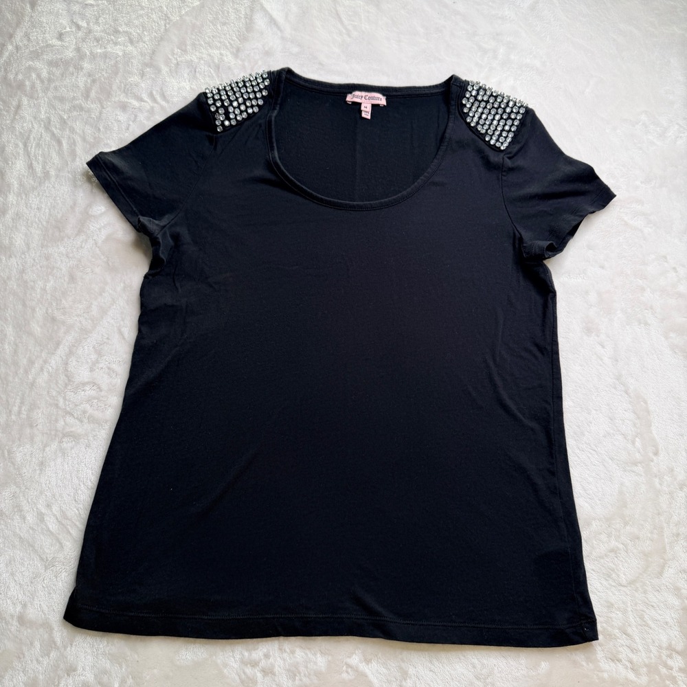 Juicy Couture Black Cotton Rhinestone Shoulder Scoop Neck Tee Shirt Womens M